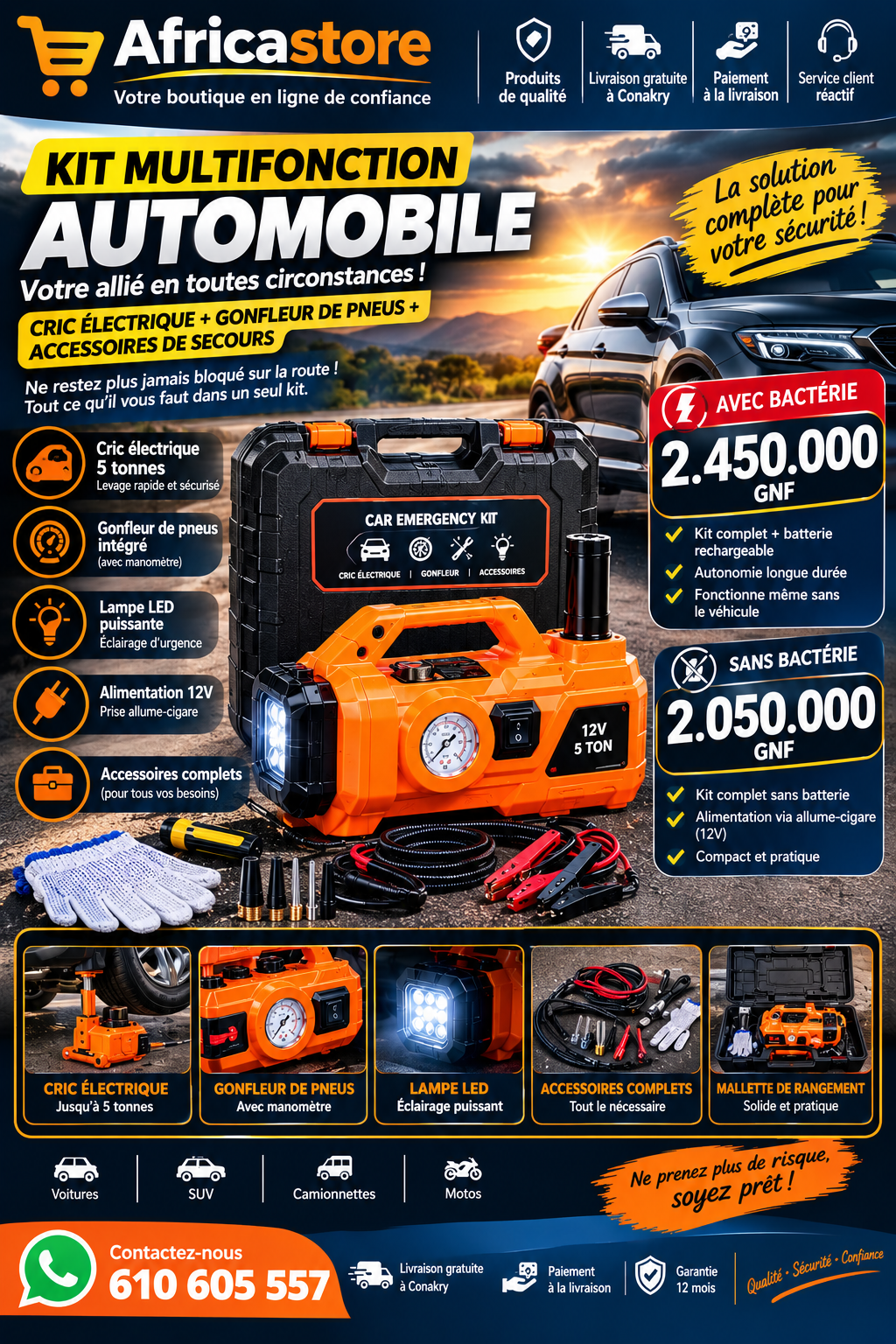 Kit Multifonction Automobile – Cric Électrique + Gonfleur de Pneus