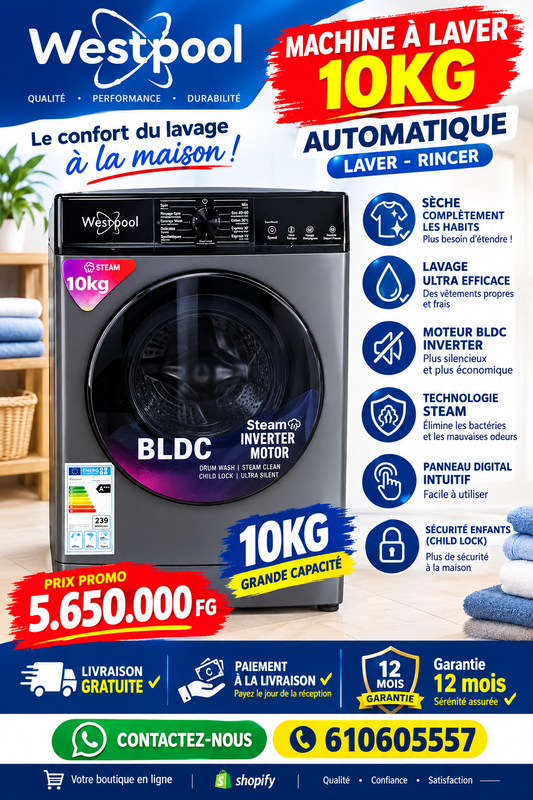 Machine à Laver Automatique Westpool 10 KG – Steam & BLDC Inverter