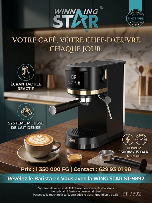 Machine à Café Espresso Barista WINNING STAR ST-9892 – 15 Bars & Mousseur à Lait Tactile
(1500W)