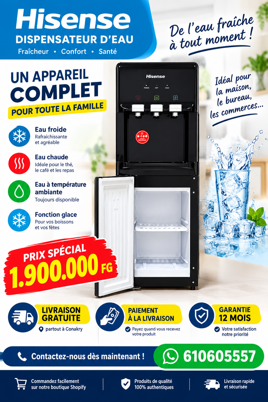 Fontaine à Eau SPJ avec Mini-Réfrigérateur Intégré – Distributeur d'Eau Chaude & Froide